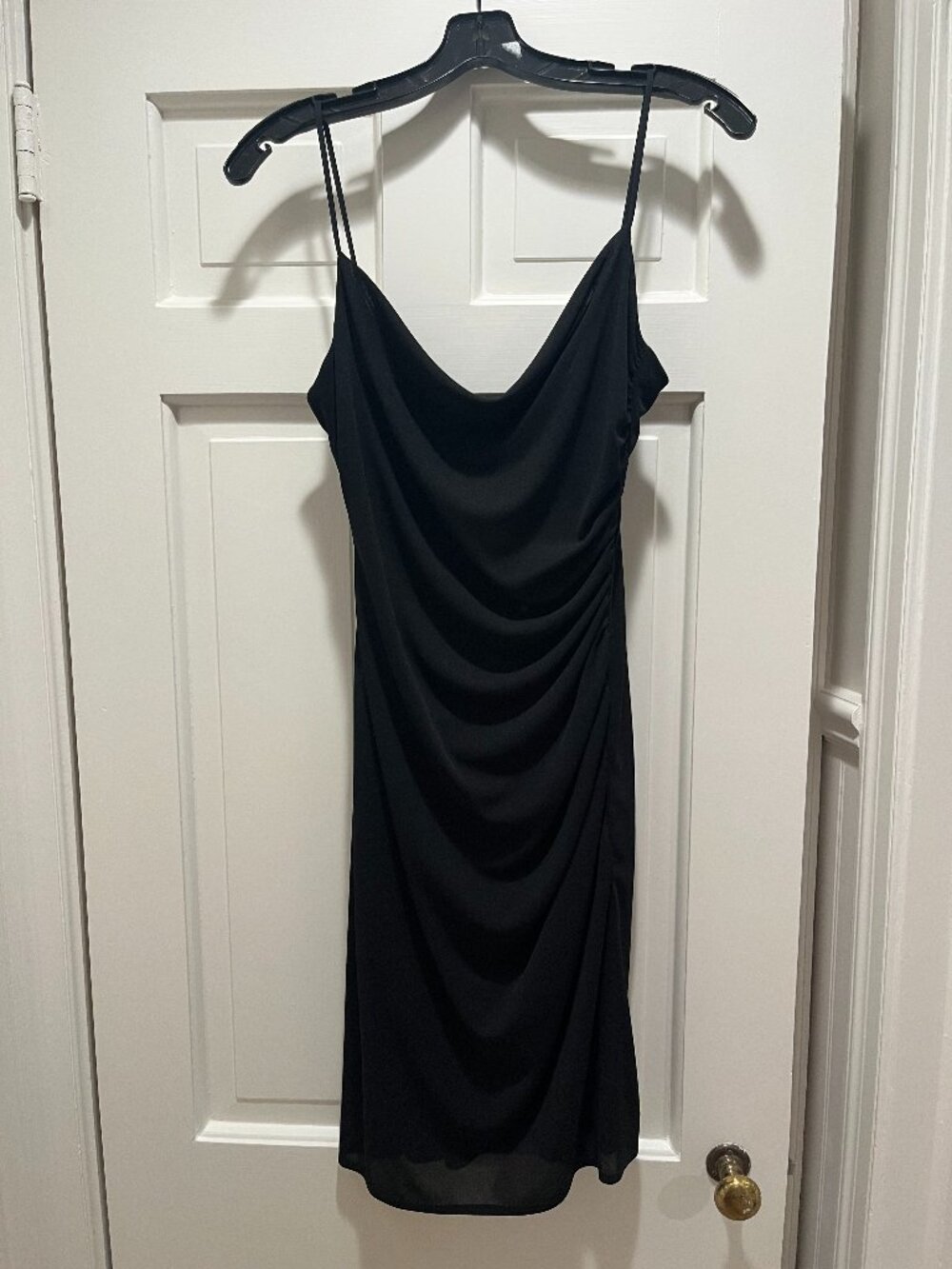 David Meister Cowl Neck Ruched Spaghetti Strap LBD